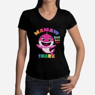Mamaw Shark Funny Mothers Day Gift Women V-Neck T-Shirt - Seseable