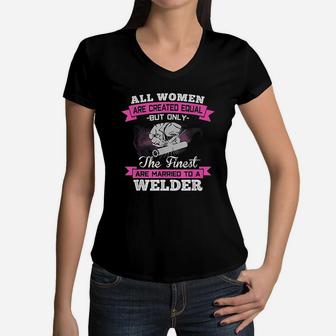 Married To A Welder Wife Husband Couple Family Funny Gift Women V-Neck T-Shirt - Seseable