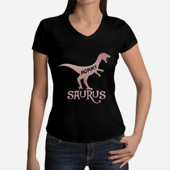 Matching Family Dinosaur Mommy Daddy Baby Saurus Women V-Neck T-Shirt - Seseable