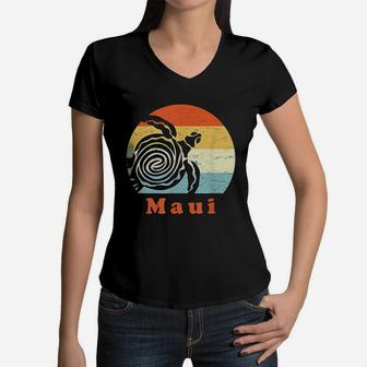 Maui Vintage Sea Turtle Retro Hawaii Vacation Women V-Neck T-Shirt - Seseable