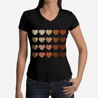 Melanin Hearts Vintage Valentines Day Gift Women V-Neck T-Shirt - Seseable