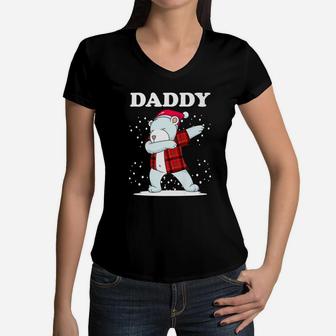 Mens Daddy Bear Matching Family Dabbing Bear Red Plaid Women V-Neck T-Shirt - Seseable