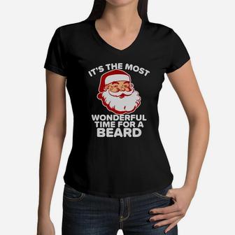 Mens Funny Santa Beard Wonderful Time For A Beard Vintage Women V-Neck T-Shirt - Seseable