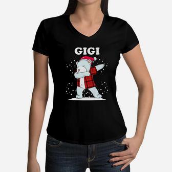 Mens Gigi Bear Matching Family Dabbing Bear Red Plaid Women V-Neck T-Shirt - Seseable