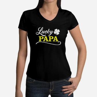 Mens Lucky Papa Fun Family Saint Patricks Day Holiday Women V-Neck T-Shirt - Seseable