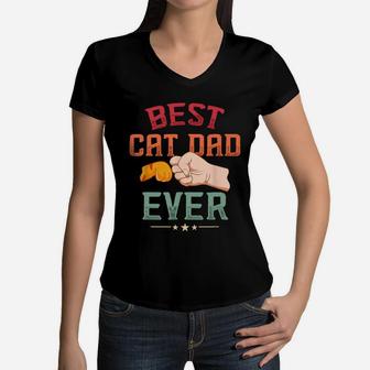 Mens Vintage Best Cat Dad Ever Paw Fist Bump Cat Women V-Neck T-Shirt - Seseable