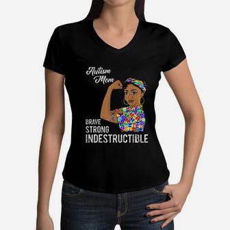 Mom Indestructible Autistic Puzzle Ribbon Women V-Neck T-Shirt - Seseable