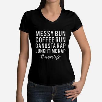 Mom Life Messy Bun Coffee Run Women V-Neck T-Shirt - Seseable