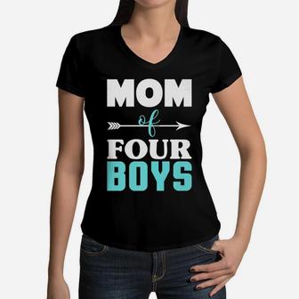 Mom Of Four Boys Mothers Day Four Kids Mommy Women V-Neck T-Shirt - Seseable
