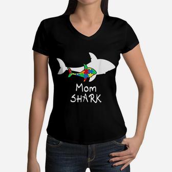 Mom Shark Puzzle Piece Cool Awareness Gift Women V-Neck T-Shirt - Seseable