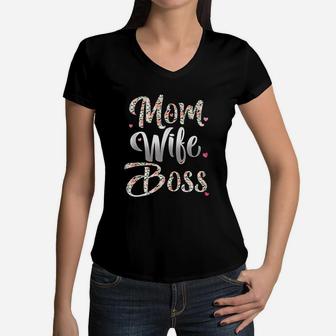 Mom Wife Boss Mothers Day Gift For Boss Moms Women V-Neck T-Shirt - Seseable