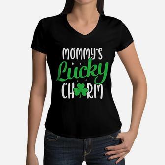 Mommys Lucky Charm St Patricks Day Shamrock Women V-Neck T-Shirt - Seseable