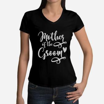 Mother Of The Groom Cursive Heart Family Mom Love Wedding Parent Women V-Neck T-Shirt - Seseable