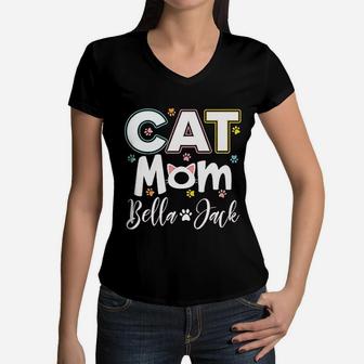 Mothers Day Cat Mom Custom Women Cute Cat Paw Graphic Cat Lovers Round Neck Women V-Neck T-Shirt - Seseable