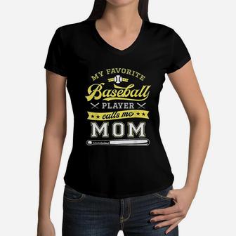 My Favorite Baseball Player Calls Me Mom Baseball Mom Gift Women V-Neck T-Shirt - Seseable
