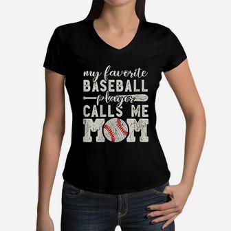 My Favorite Baseball Player Calls Me Mom Cheer Boy Mother Women V-Neck T-Shirt - Seseable
