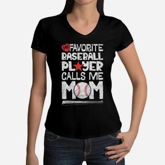 My Favorite Baseball Player Calls Me Mom Moms Mother Women V-Neck T-Shirt - Seseable