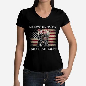 My Favorite Marine Calls Me Mom Women V-Neck T-Shirt - Seseable