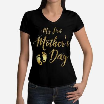 My First Mothers Day 2022 Gold Glitter Mothers Day Women V-Neck T-Shirt - Seseable