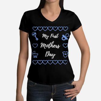 My First Mothers Day Cute Gif For New Moms Blue Women V-Neck T-Shirt - Seseable
