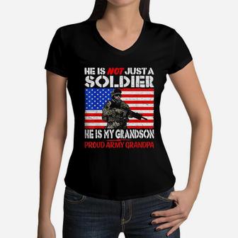 My Grandson Is A Soldier Proud Army Grandpa Military Family Women V-Neck T-Shirt - Seseable