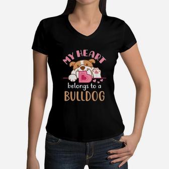 My Heart Belongs To A Bulldog Mom French English Dog Lover Women V-Neck T-Shirt - Seseable