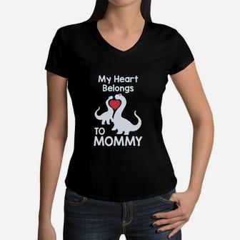 My Heart Belongs To Mommy Cute Trex Love Mothers Day Women V-Neck T-Shirt - Seseable