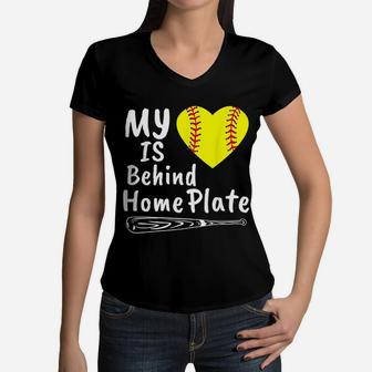 My Heart Is Behind Home Plate Softball Proud Mom Dad Gift Women V-Neck T-Shirt - Seseable