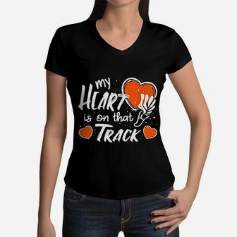 My Heart Is On That Track And Field Mom Women V-Neck T-Shirt - Seseable