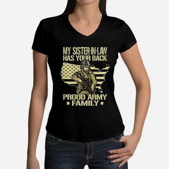 My Sister In Law Has Your Back Proud Army Family Sibling Women V-Neck T-Shirt - Seseable