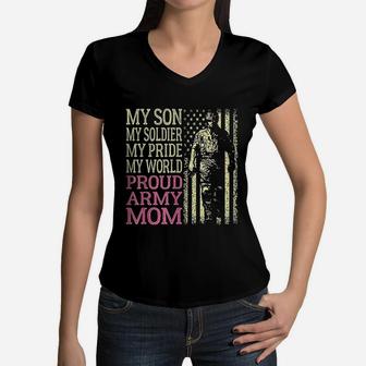 My Son My Soldier Hero Proud Army Mom Military Mother Gift Women V-Neck T-Shirt - Seseable