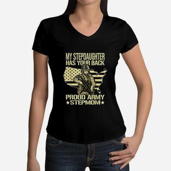 My Stepdaughter Has Your Back Proud Army Stepmom Women V-Neck T-Shirt - Seseable