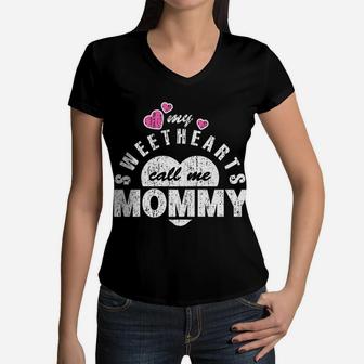 My Sweethearts Call Me Mommy Distressed Graphic Women V-Neck T-Shirt - Seseable