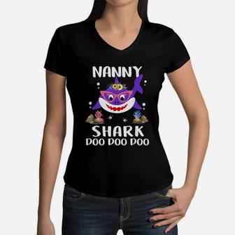 Nanny Shark Mothers Day Gift Idea For Mother Wife Women V-Neck T-Shirt - Seseable