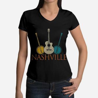 Nashville Tennessee Vintage Country Music City Souvenir Gift Women V-Neck T-Shirt - Seseable
