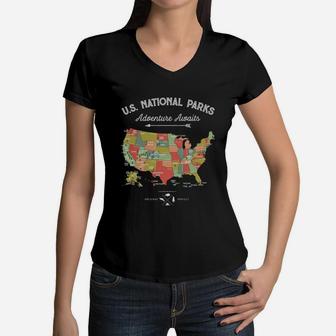 National Park Map Vintage T Shirt - All 59 National Parks Women V-Neck T-Shirt - Seseable