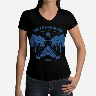 Never Hike Alone Hike With Your Partners To Make A Great Camping Women V-Neck T-Shirt - Seseable