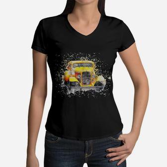 Old Vintage American Classic Car Watercolor Retro Women V-Neck T-Shirt - Seseable