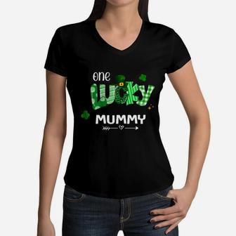 One Lucky Mummy Shamrock Leopard Green Plaid St Patrick Day Family Gift Women V-Neck T-Shirt - Seseable