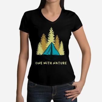 One With Nature Camping Tent Happy Time With Campers Women V-Neck T-Shirt - Seseable