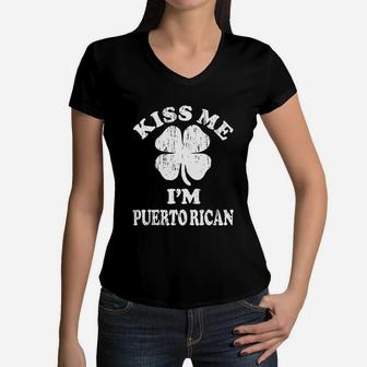 Original Vintage Kiss Me I’m Puerto Rican Shamrock St Patricks Day Shirt Women V-Neck T-Shirt - Seseable