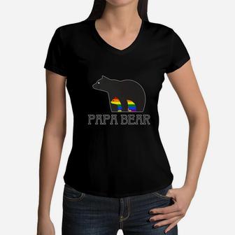 Papa Bear Pride Lgbt Father Gay Family Dad Lesbian Women V-Neck T-Shirt - Seseable