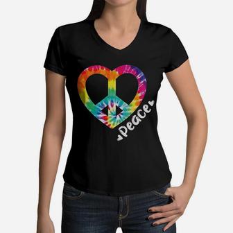 Peace Tie Dye Vintage Heart Hippie Retro Groovy Gift Women V-Neck T-Shirt - Seseable