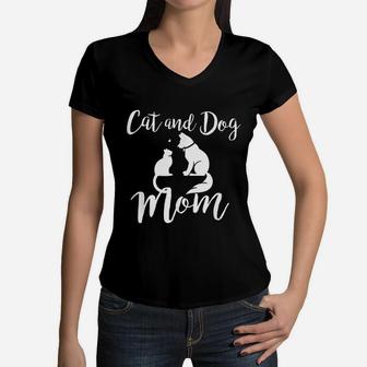 Pets Animals Cats And Dogs Cat Mom Af Dog Dad Puppy Women V-Neck T-Shirt - Seseable