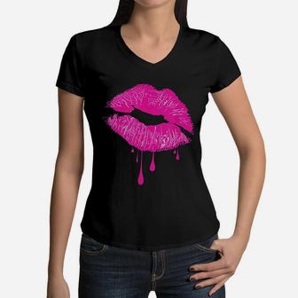 Pink Lips Kiss 80s Retro Vintage Women V-Neck T-Shirt - Seseable
