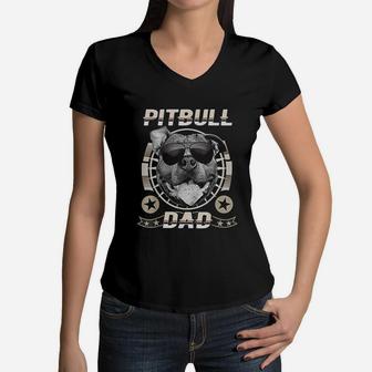 Pitbull Dad Cool Pit Bull Dog Vintage Proud Daddy Gift Women V-Neck T-Shirt - Seseable