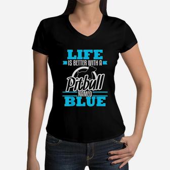 Pitbull Named Blue Dog Mom Dad Women V-Neck T-Shirt - Seseable