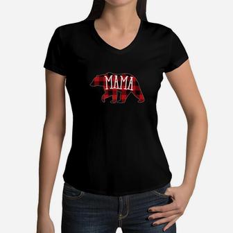 Premium Red Plaid Mama Bear Buffalo Plaid Mama Bear Women V-Neck T-Shirt - Seseable