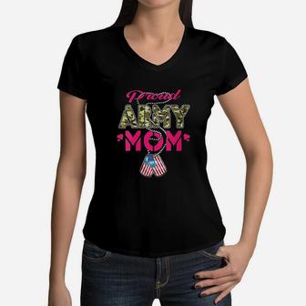 Proud Army Mom Camo Us Flag Dog Tags Women V-Neck T-Shirt - Seseable