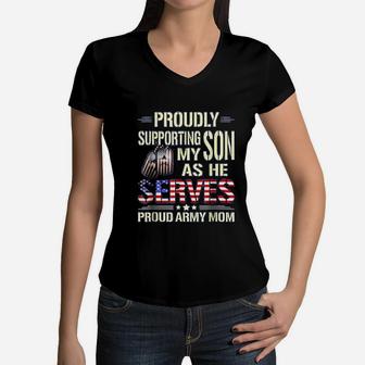 Proud Army Mom Supporting My Son As He Serves Women V-Neck T-Shirt - Seseable